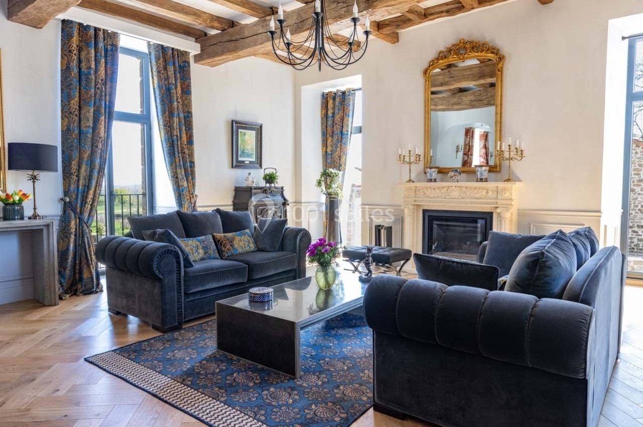 Salon élégant avec canapés en velours bleu, cheminée ornée, miroir doré et grandes fenêtres laissant entrer la lumière.