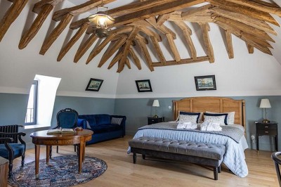 Un âne et un bélier se touchent le museau dans un pré verdoyant sous un ciel dégagé.