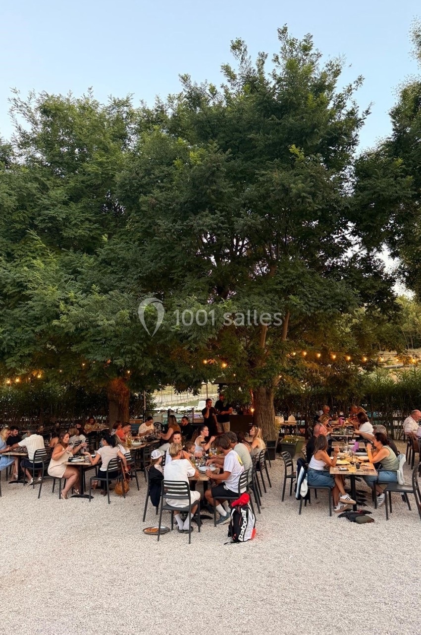 Personnes dînant en plein air sous des arbres illuminés par des guirlandes lumineuses, dans une ambiance conviviale.
