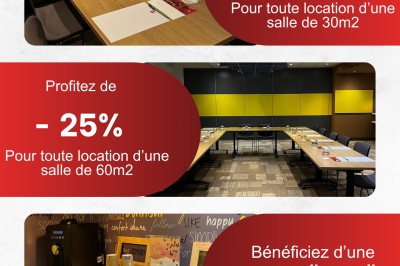 Image présentant des offres spéciales pour la location de salles et une pause d'accueil offerte, avec détails et code promo.