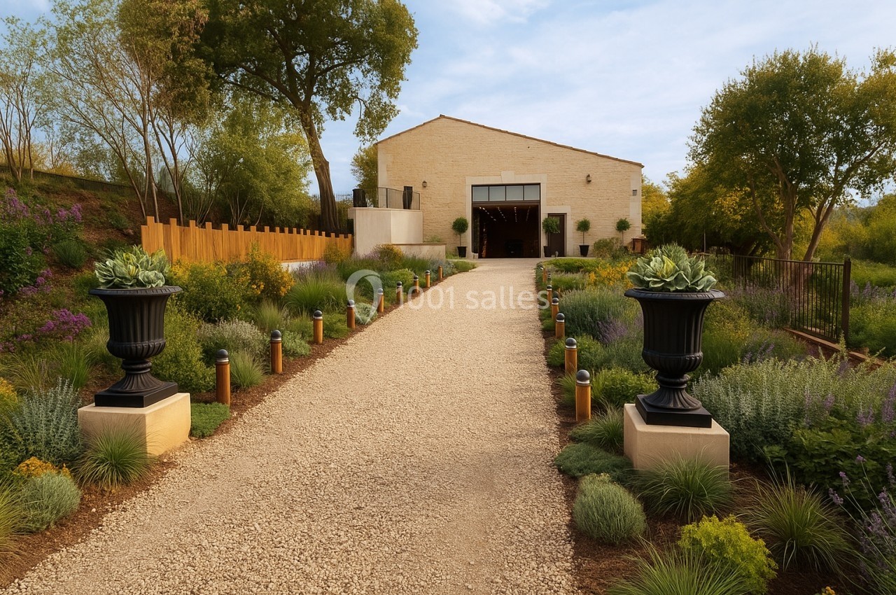 Allée en gravier bordée de plantes et de lampes menant à un bâtiment en pierre entouré de verdure.