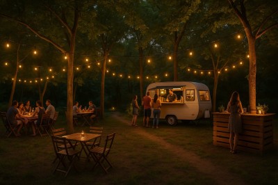 Façade d'un bâtiment en pierre avec une grande baie vitrée, entouré d'une terrasse et de végétation.