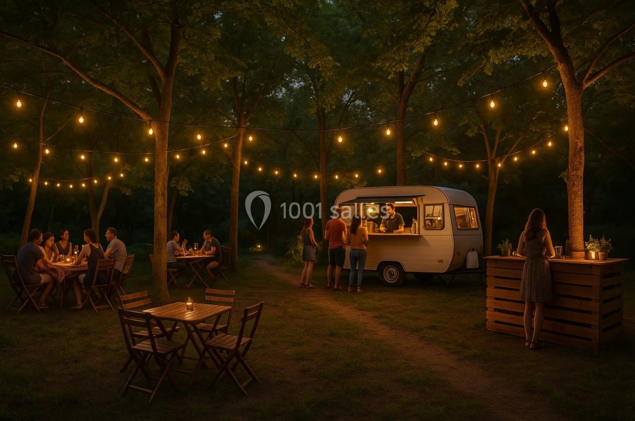 Un food truck éclairé sert des clients dans un cadre boisé avec des guirlandes lumineuses et des tables en plein air.