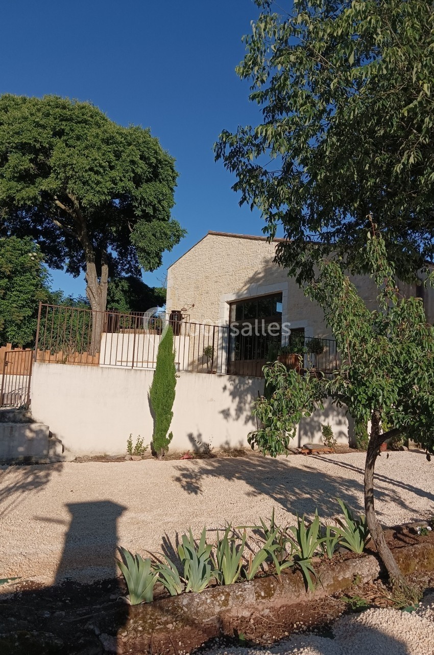 Maison en pierre claire entourée d'arbres, avec une terrasse surélevée et un jardin planté d'arbustes et de fleurs.