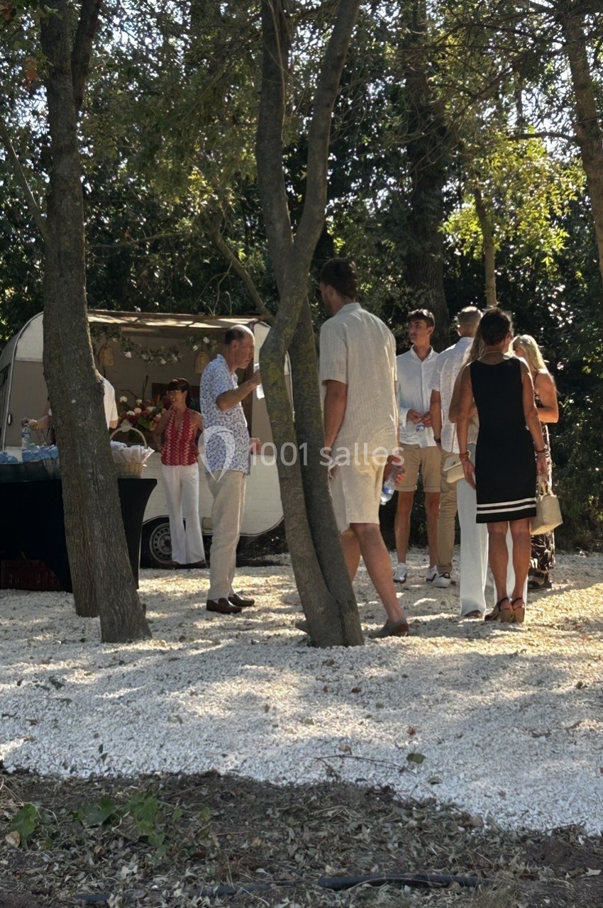 Groupe de personnes discutant debout près d'un stand en plein air, entouré d'arbres et de lumière naturelle.