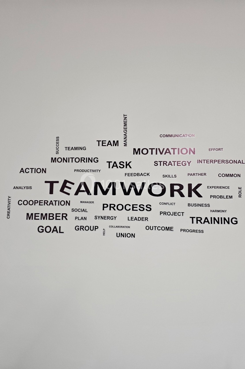 Nuage de mots en anglais autour du thème du travail d'équipe, incluant ’teamwork’, ’motivation’ et ’cooperation’.