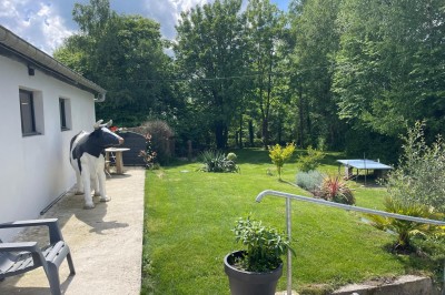 Maison moderne éclairée la nuit, entourée d'un jardin avec des arbustes et des fleurs.