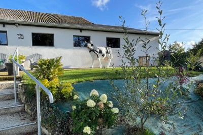 Maison moderne éclairée la nuit, entourée d'un jardin avec des arbustes et des fleurs.