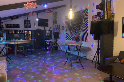 Maison moderne éclairée la nuit, entourée d'un jardin avec des arbustes et des fleurs.