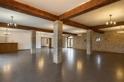 Salle de bain moderne avec douche à l'italienne, paroi en verre, lavabo blanc et éclairage au plafond.