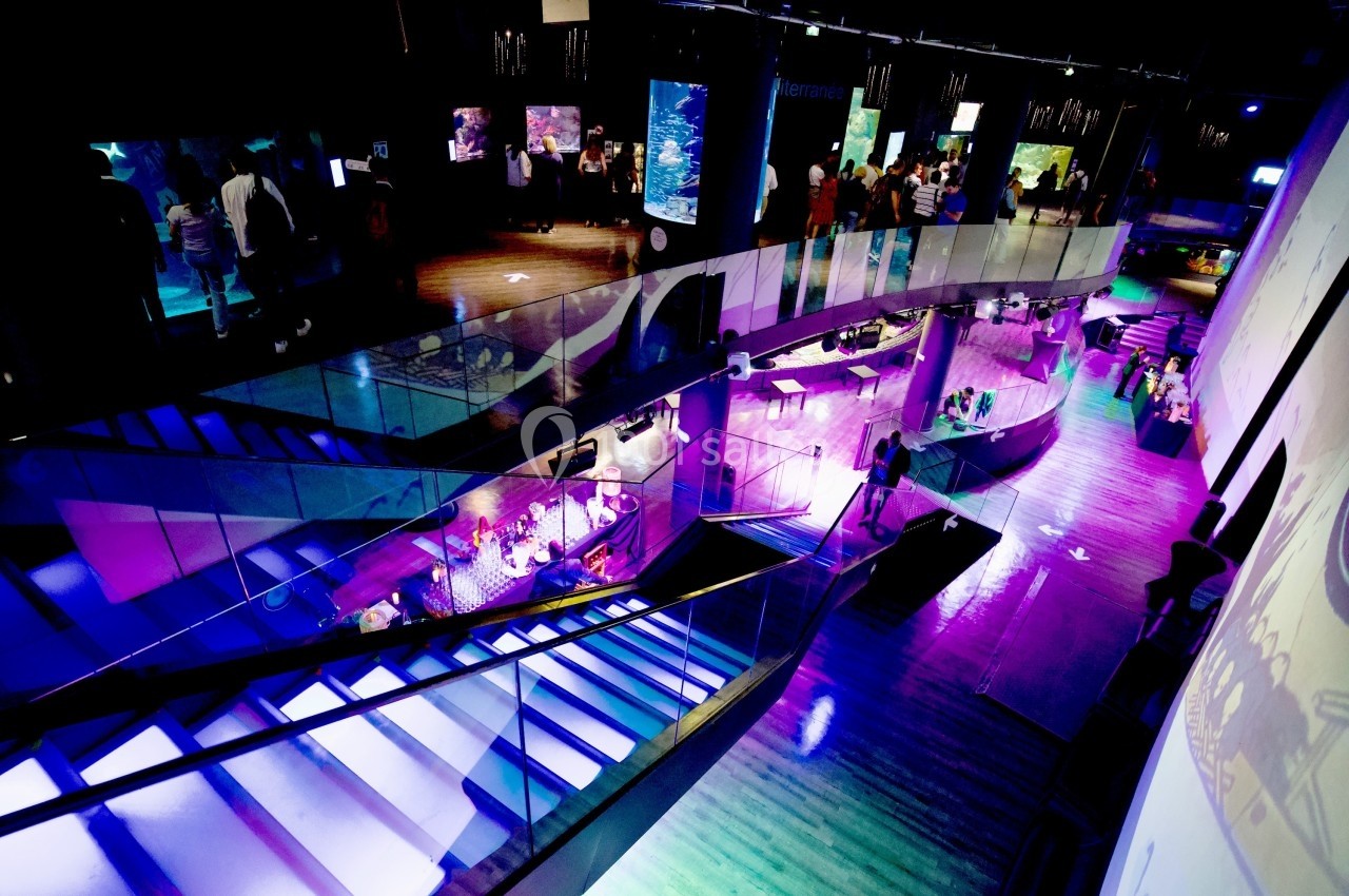 Escalier moderne éclairé par des lumières colorées dans un espace intérieur avec des visiteurs en arrière-plan.