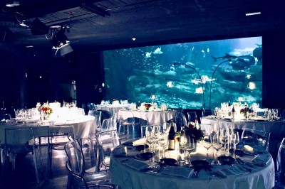 Tunnel d'aquarium avec un grand bassin à droite, éclairages colorés et écran lumineux sur le mur gauche.