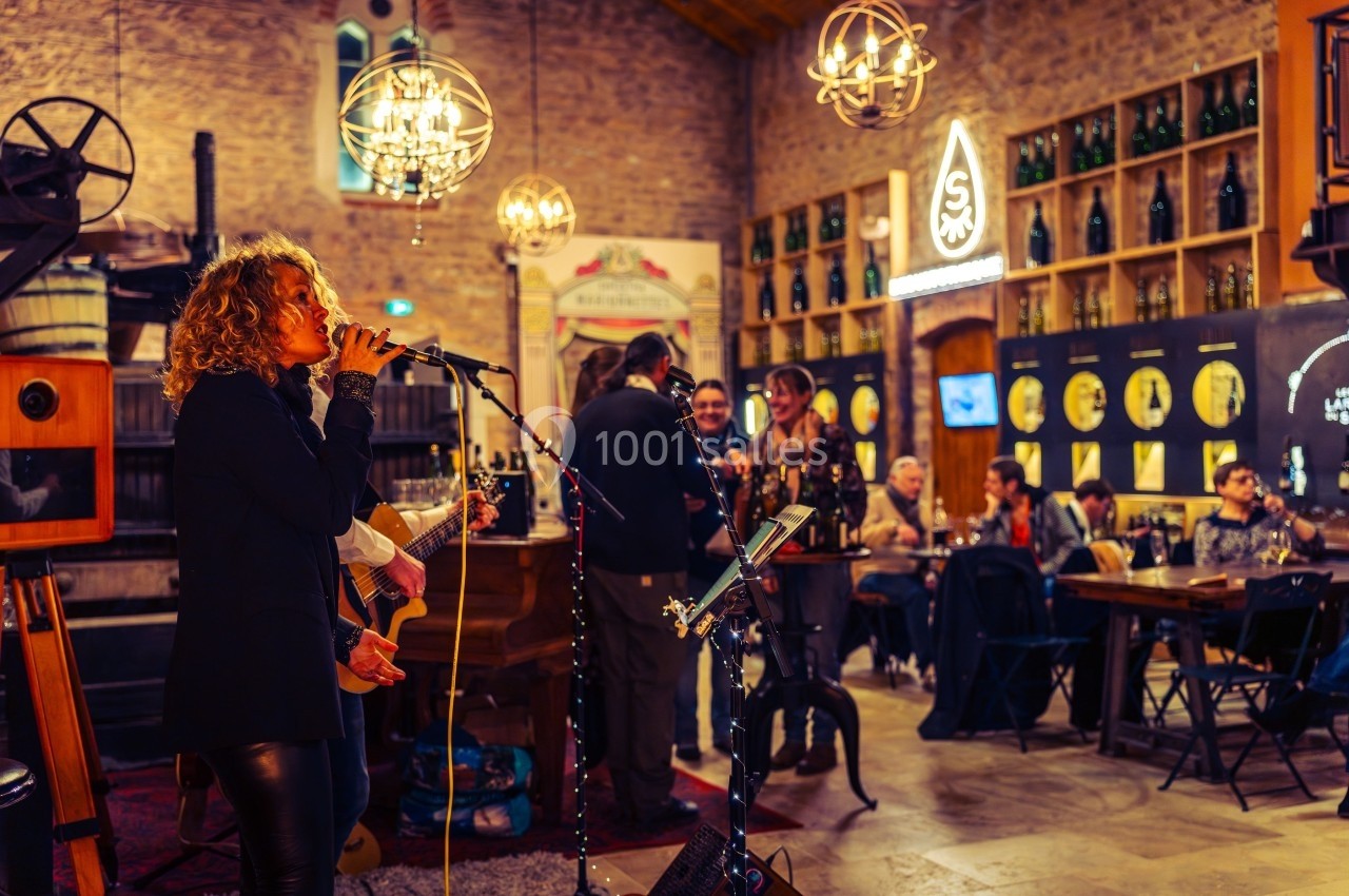 Une chanteuse se produit dans un bar ou une salle conviviale avec un public assis et une ambiance chaleureuse.