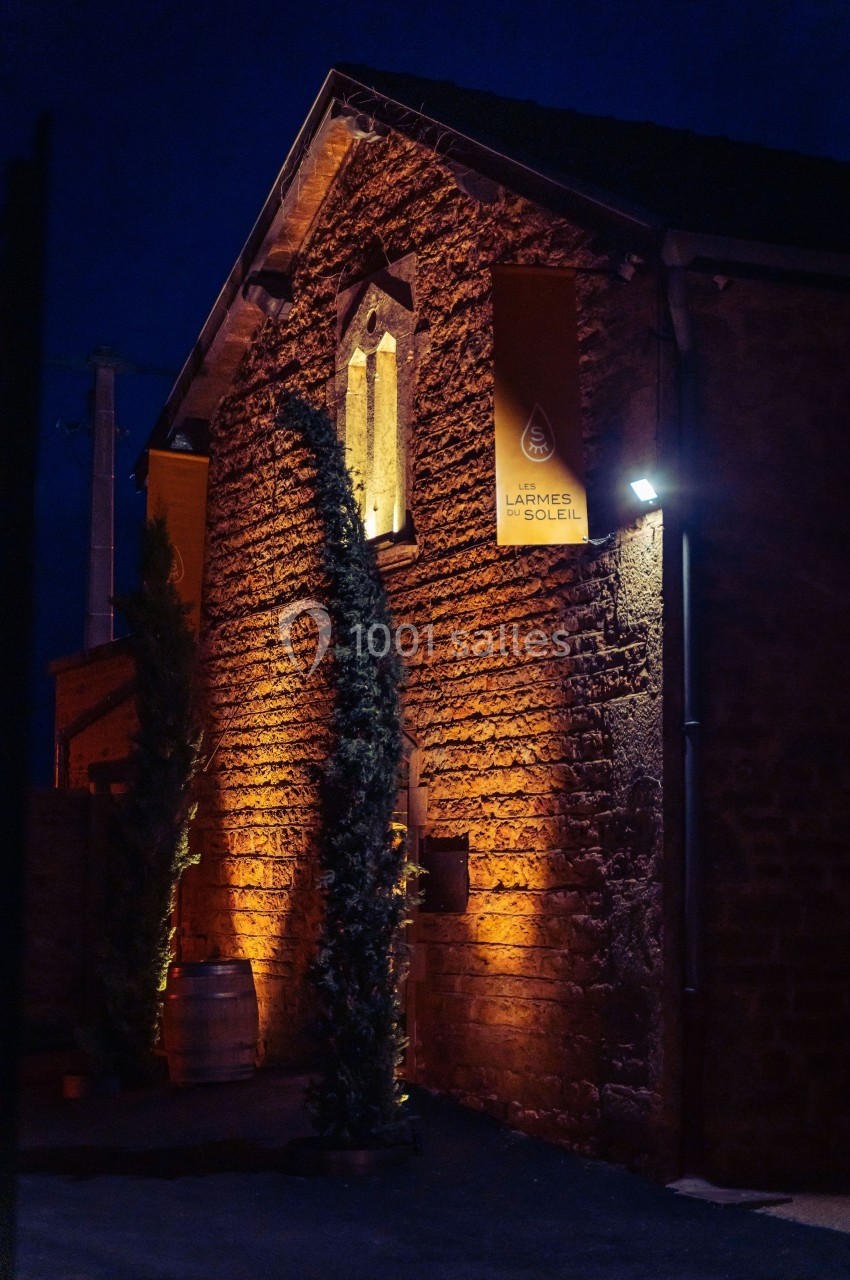 Façade en pierre éclairée d'une bâtisse ancienne avec une enseigne lumineuse, vue de nuit.