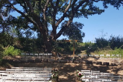 Façade d'un bâtiment en pierre éclairée la nuit, entourée de végétation sombre.