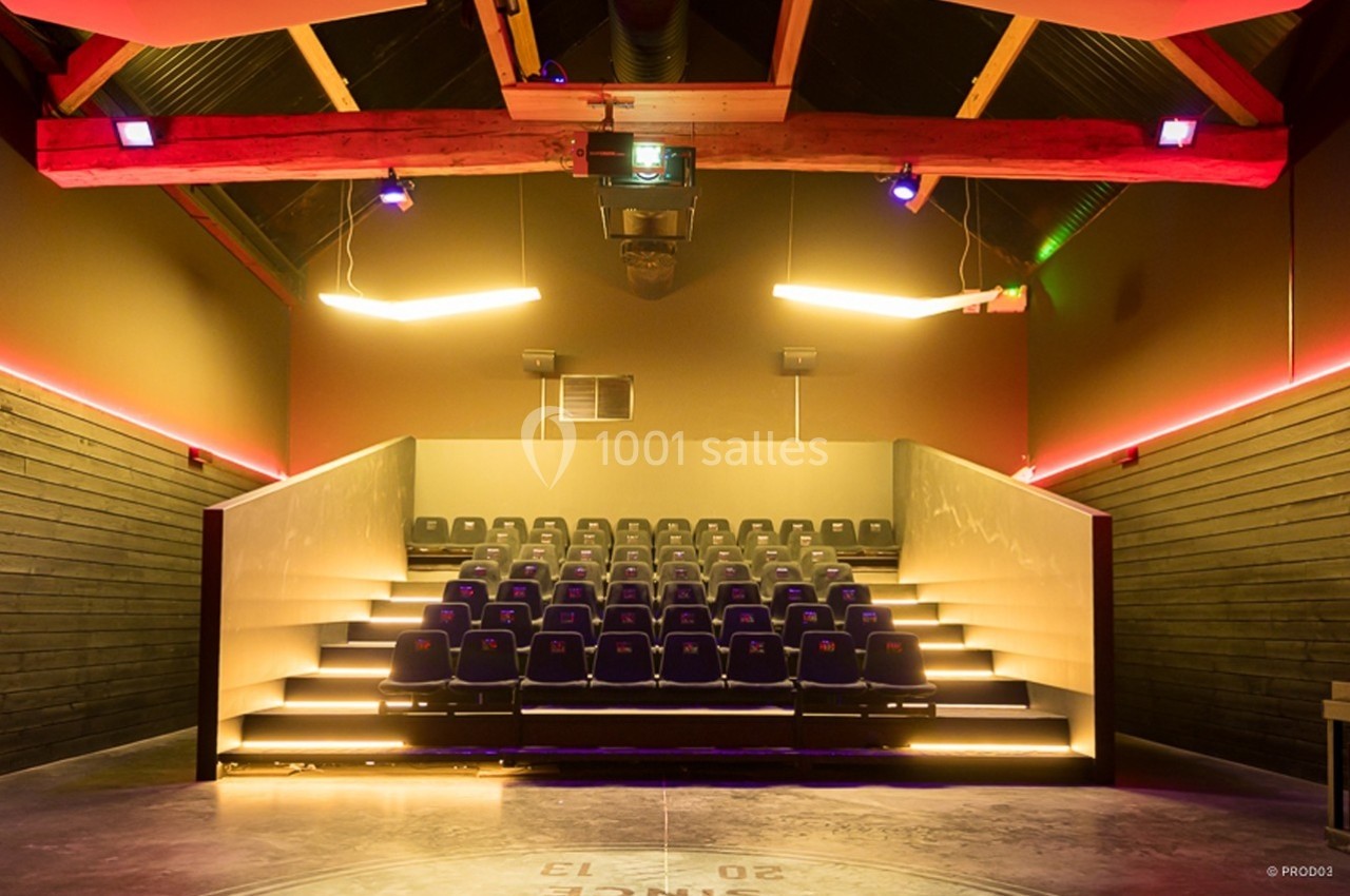 Salle de projection moderne avec rangées de sièges inclinés, éclairage tamisé et poutres apparentes au plafond.