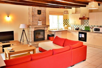 Jardin verdoyant avec pelouse, arbres dénudés, fleurs printanières et ciel bleu parsemé de nuages légers.