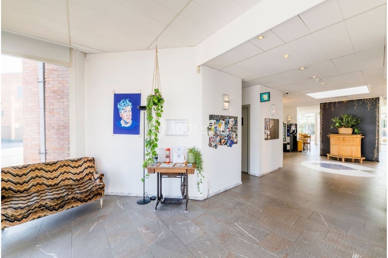 Intérieur lumineux avec un canapé à motifs, des plantes suspendues, des œuvres murales et un espace ouvert en arrière-plan.