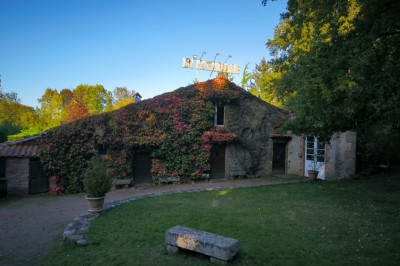 Salle vide avec sol carrelé blanc, murs décorés de bois, miroirs et portes vitrées donnant sur l'extérieur.