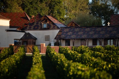 Chambre avec lit double, poutres apparentes, linge de lit blanc, et salle de bain attenante visible par une porte ouverte.