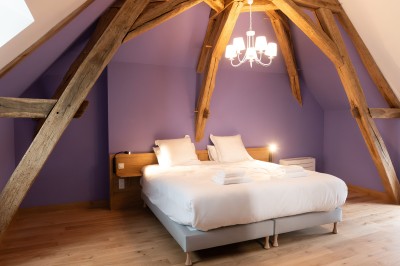 Chambre avec lit double, poutres apparentes, linge de lit blanc, et salle de bain attenante visible par une porte ouverte.