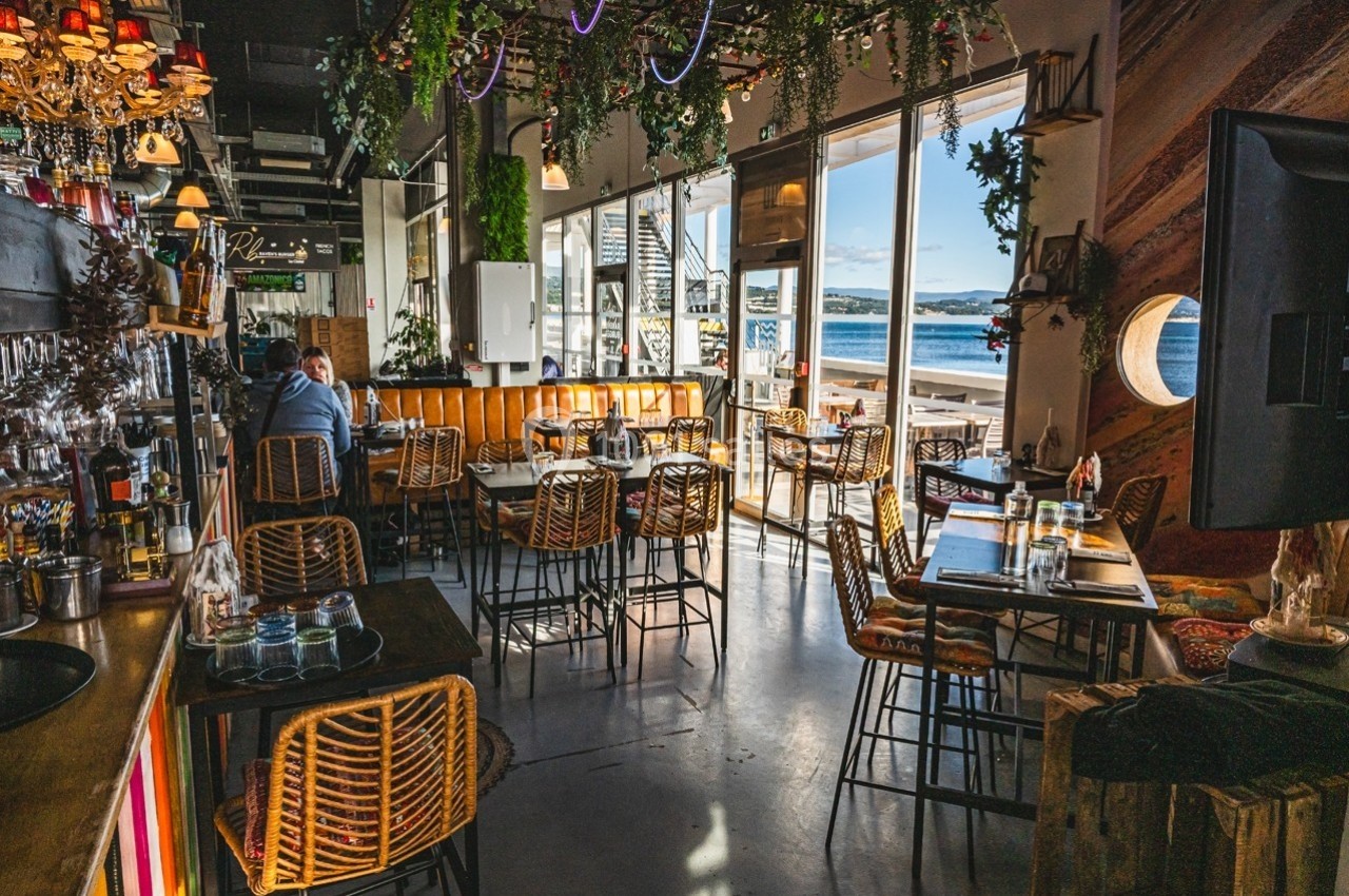 Intérieur d'un restaurant lumineux avec des chaises en rotin, des plantes suspendues et une vue sur l'extérieur ensoleillé.