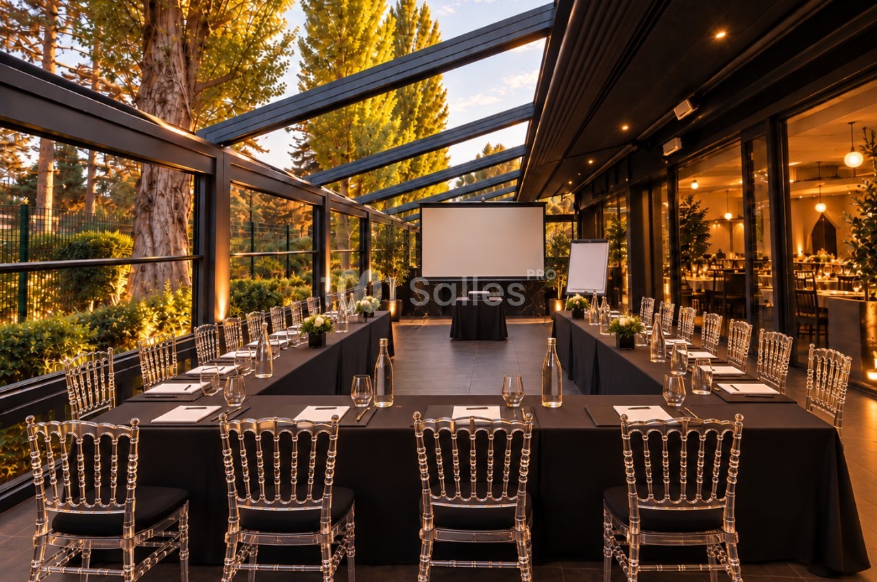 Salle de réunion élégante en extérieur couvert, aménagée en disposition en U avec tables, chaises transparentes et écran.