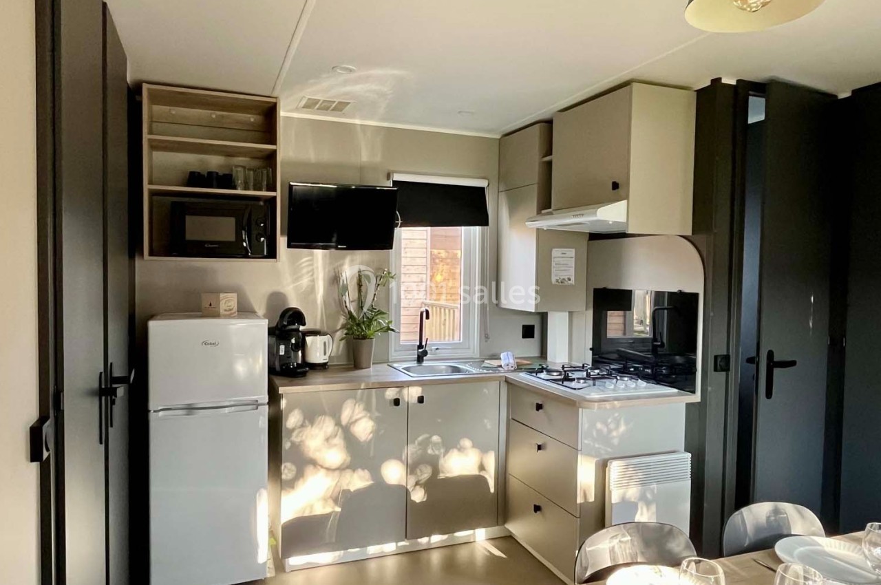 Cuisine moderne compacte avec réfrigérateur, micro-ondes, plaque de cuisson, évier et rangements, éclairée par une fenêtre.