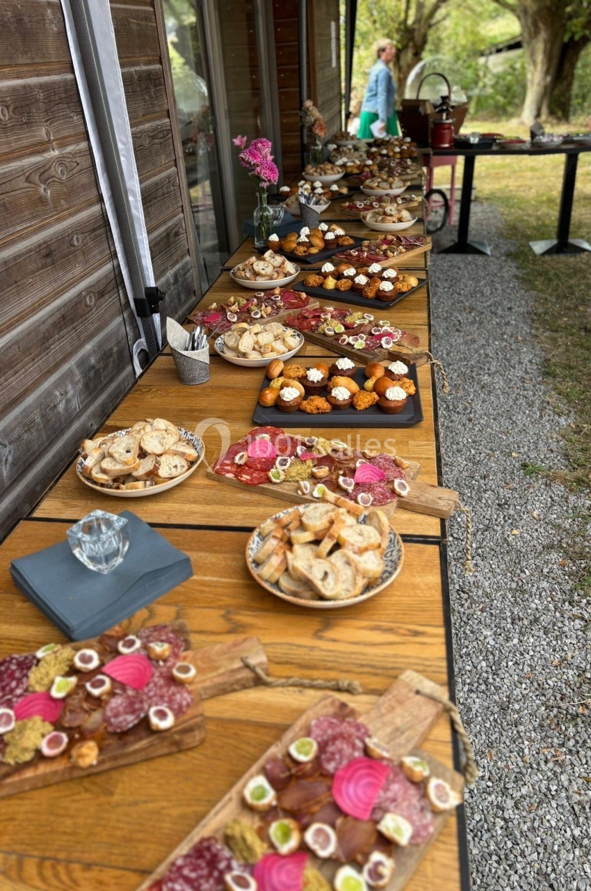 Buffet en extérieur avec planches de charcuterie, fromages et amuse-bouches disposés sur de longues tables en bois.
