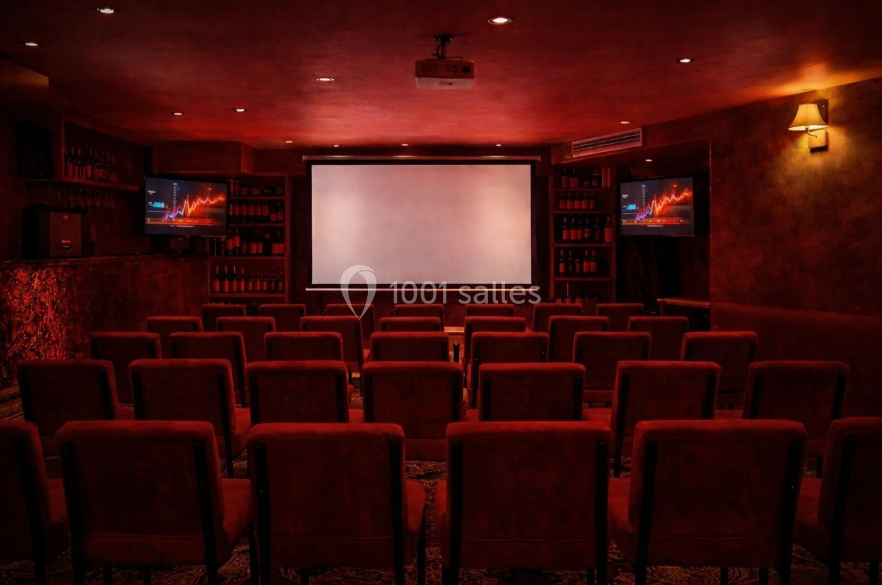 Salle de projection avec fauteuils rouges, écran principal et deux écrans latéraux affichant des graphiques.