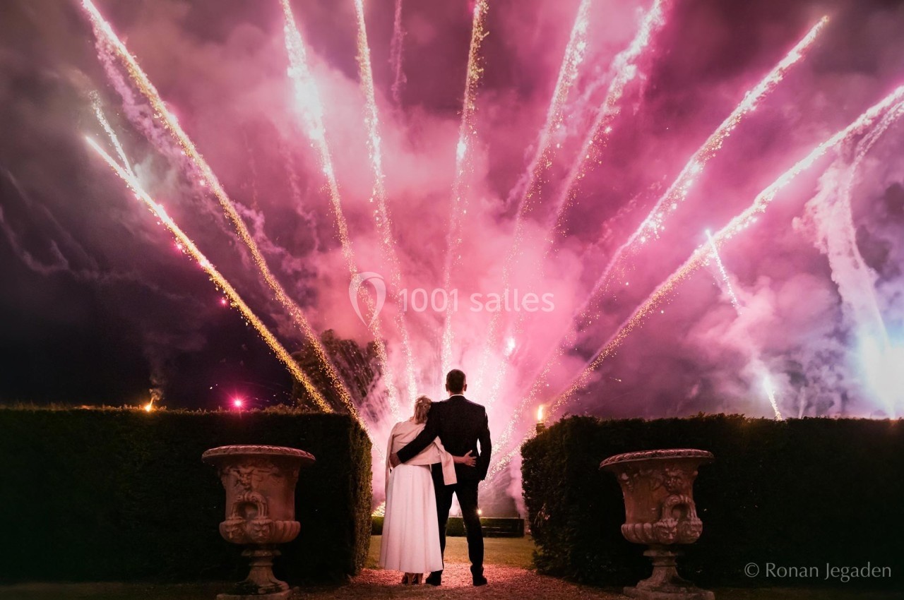 Un couple de dos regarde un feu d'artifice coloré illuminer le ciel nocturne dans un jardin.