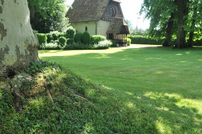 Piscine intérieure avec grandes baies vitrées donnant sur un jardin, entourée de plantes et d'une statue décorative.