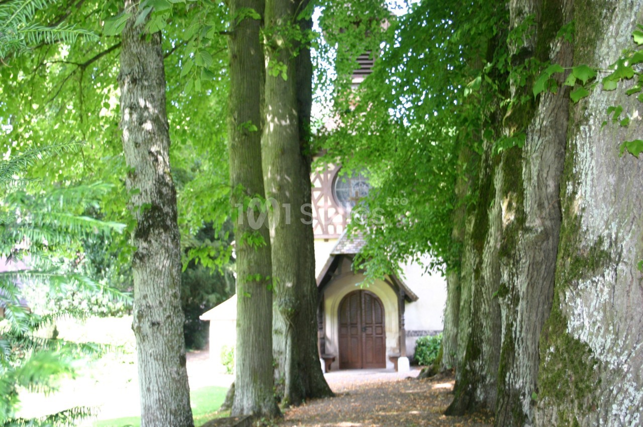 Allée bordée d'arbres menant à une petite chapelle avec une porte en bois et un toit en pente.