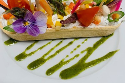 Vue aérienne d'une campagne verdoyante avec des champs, des arbres, une rivière et des habitations au loin.