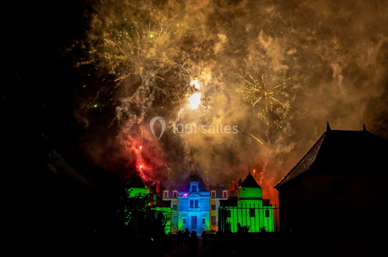 Feu d'artifice illuminant un château éclairé en bleu et vert, entouré de silhouettes sombres dans la nuit.