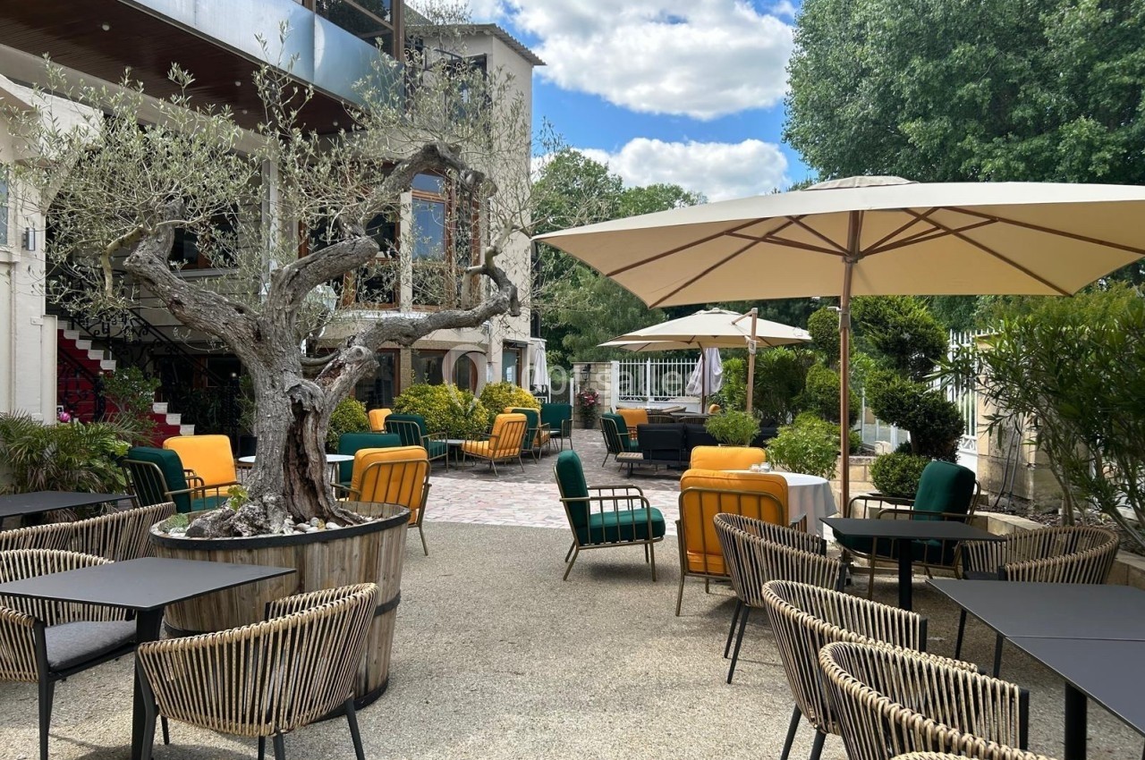Terrasse extérieure avec mobilier coloré, parasols et un olivier en pot, entourée de verdure sous un ciel partiellement…
