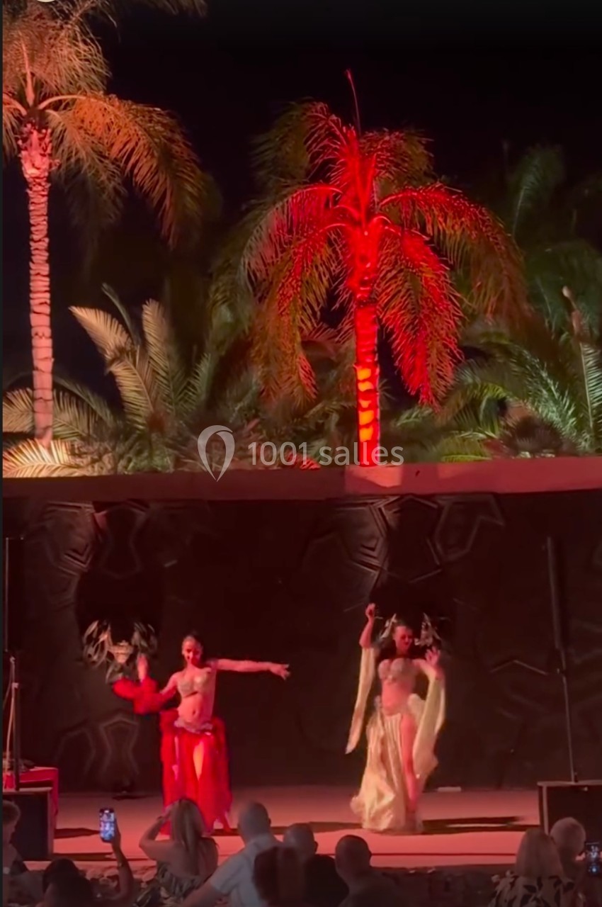 Danseuses en tenue traditionnelle exécutant une chorégraphie sur scène, avec des palmiers illuminés en arrière-plan.