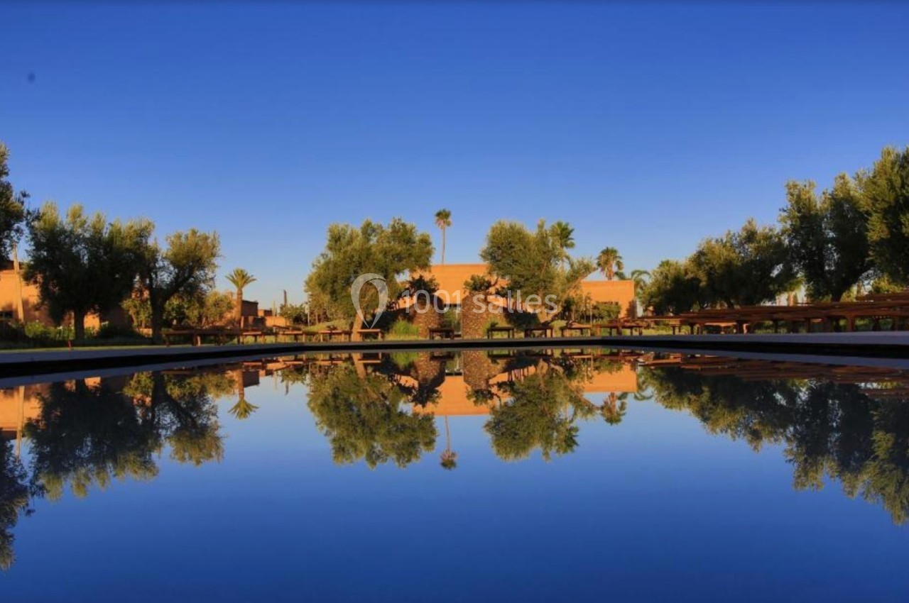 Reflet d'arbres et d'un bâtiment dans un bassin calme sous un ciel bleu dégagé.