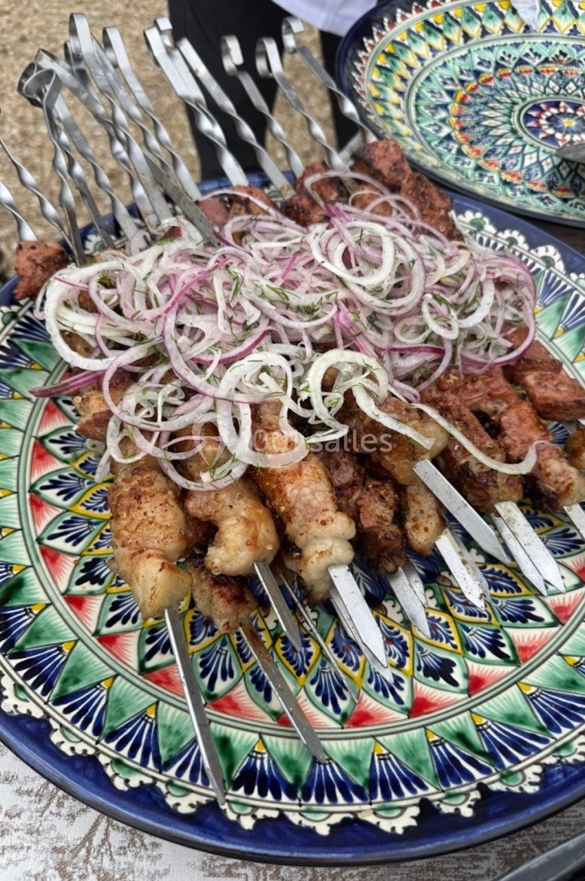Brochettes de viande grillée garnies d'oignons émincés, présentées sur une assiette colorée.