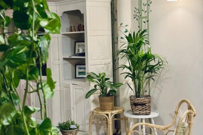 Fauteuil bleu et table basse dans un salon au style vintage avec papier peint fleuri et armoire en bois.