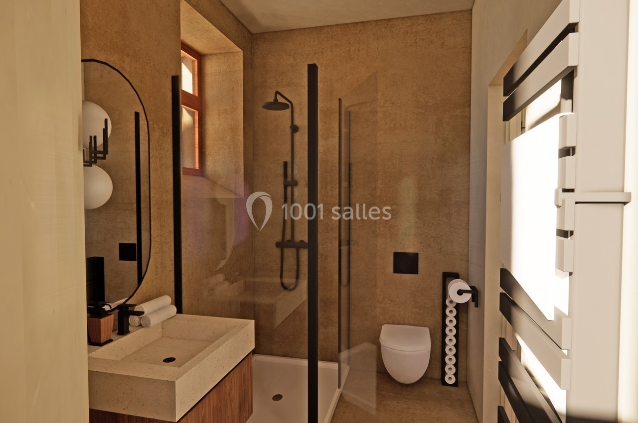Salle de bain moderne avec douche vitrée, lavabo en pierre, miroir rond et toilettes, éclairée par une fenêtre.