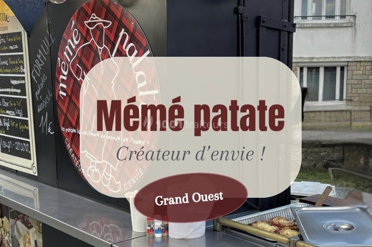 Food truck avec enseigne ’Mémé patate’ proposant des plats à base de pommes de terre, stationné en extérieur.