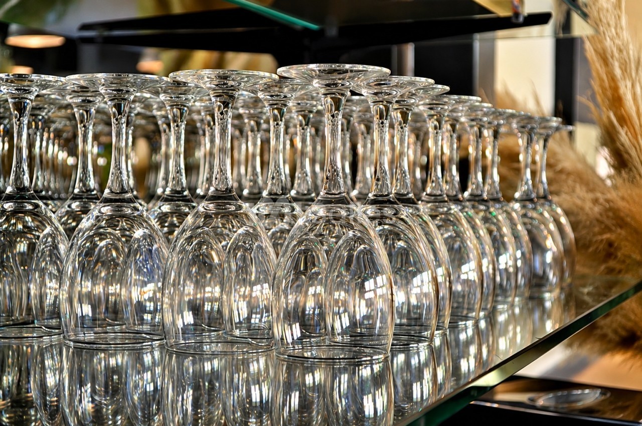Rangées de verres à pied en cristal retournés, alignés sur une étagère en verre, avec des reflets et une touche de plumeaux secs à droite.
