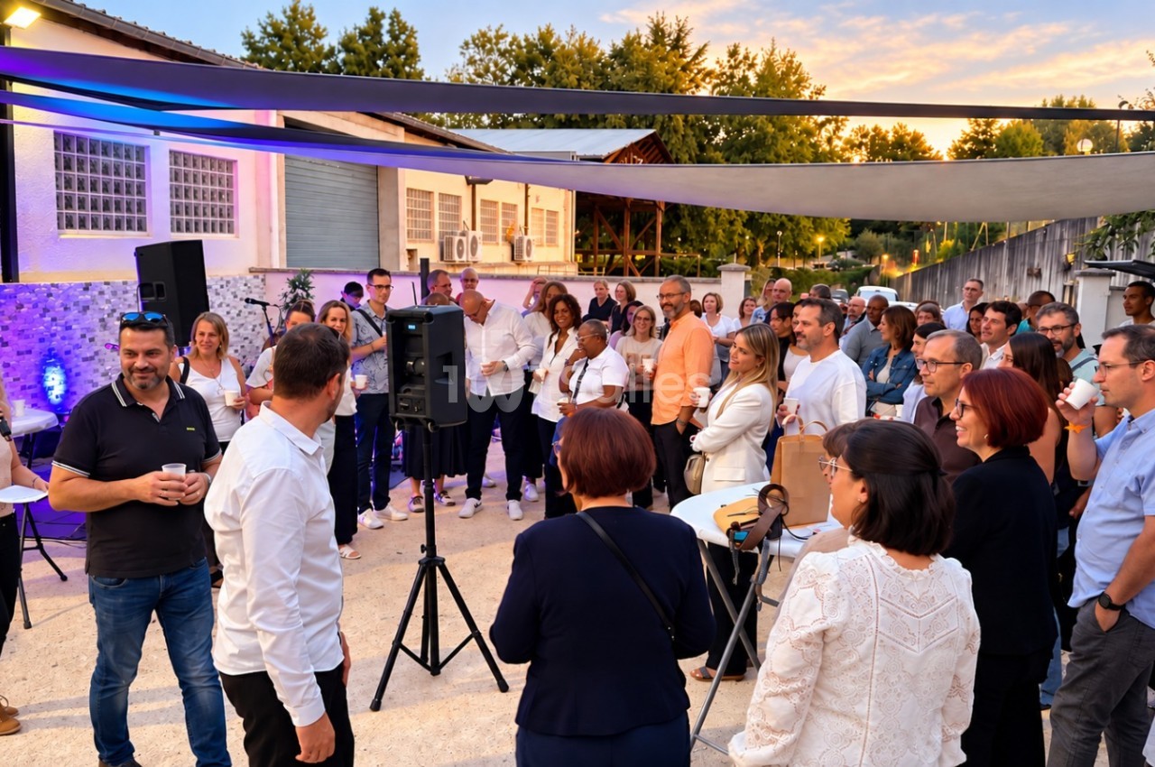 Une foule de convives debout en extérieur au crépuscule, tenant des verres, près d'une enceinte sono sur pied et d'une voile d'ombrage tendue.