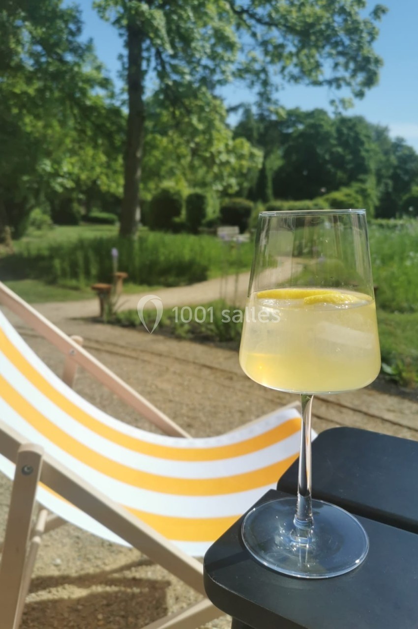 Verre de cocktail avec tranche de citron posé sur une table, devant un transat rayé jaune et blanc dans un jardin verdoyant.