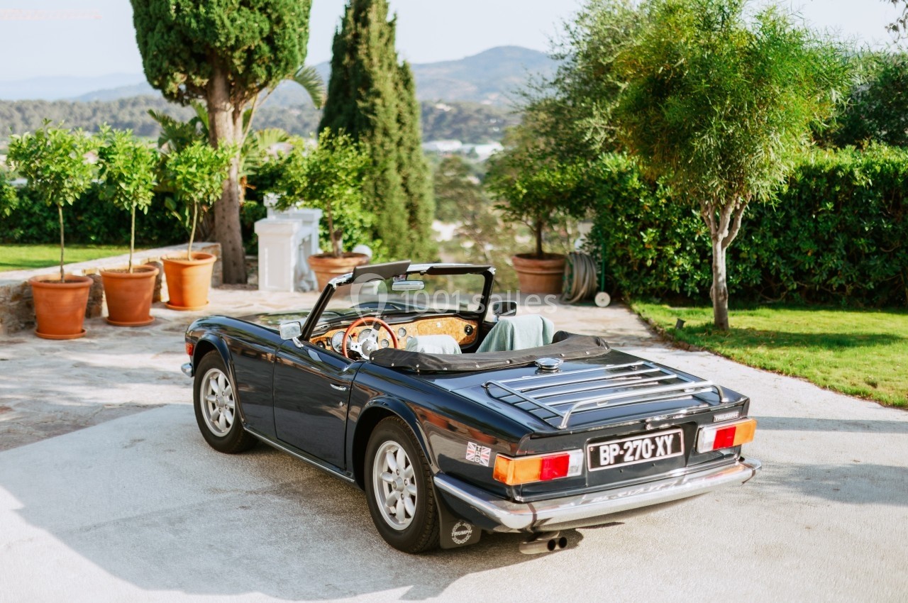 Voiture décapotable classique bleue garée sur une allée, entourée de plantes en pot et d'arbres sous un ciel dégagé.