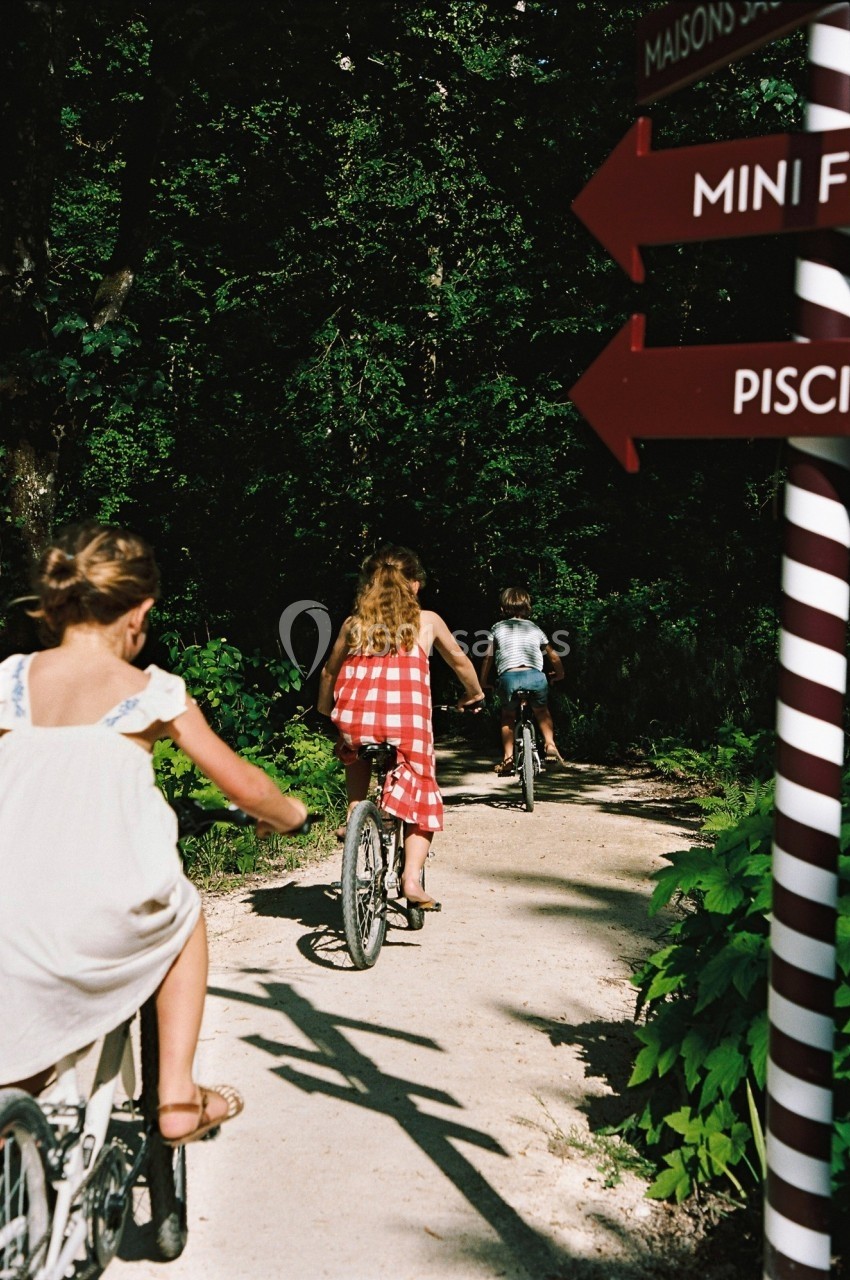 Des enfants font du vélo sur un chemin ombragé entouré de verdure, avec des panneaux directionnels rouges à droite.
