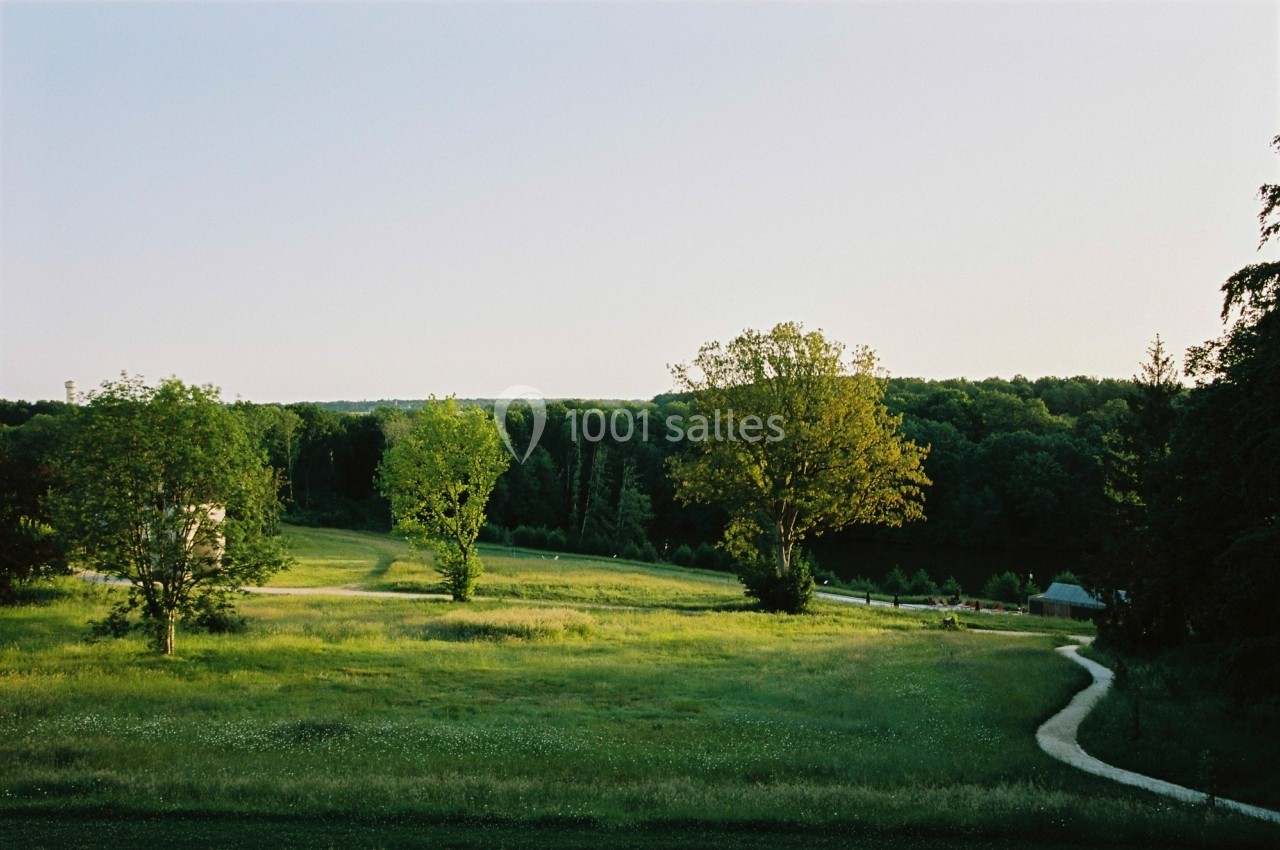 Paysage verdoyant avec un sentier sinueux traversant une prairie entourée d'arbres sous un ciel clair.
