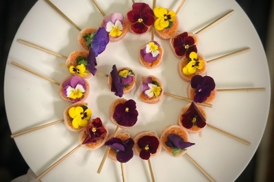 Assortiment de bouchées colorées décorées de fleurs comestibles, disposées en cercle sur une assiette blanche.