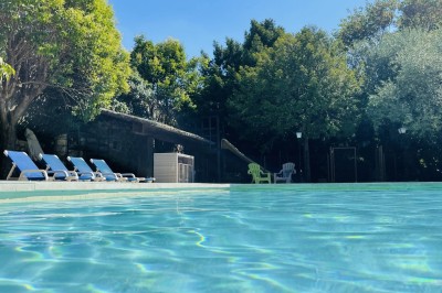 Piscine extérieure avec bassin principal et pataugeoire, entourée de chaises longues et d'arbres.